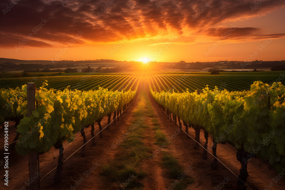 Sunset over vineyards in South Moravia, Czech Republic.