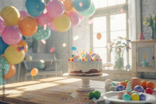 Festive birthday scene with vibrant balloons floating in a sunny room and a beautifully decorated cake on the table.