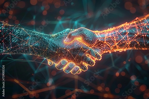 Futuristic digital handshake concept Featuring wire-frame glowing hands in a virtual space Symbolizing digital agreements and trust