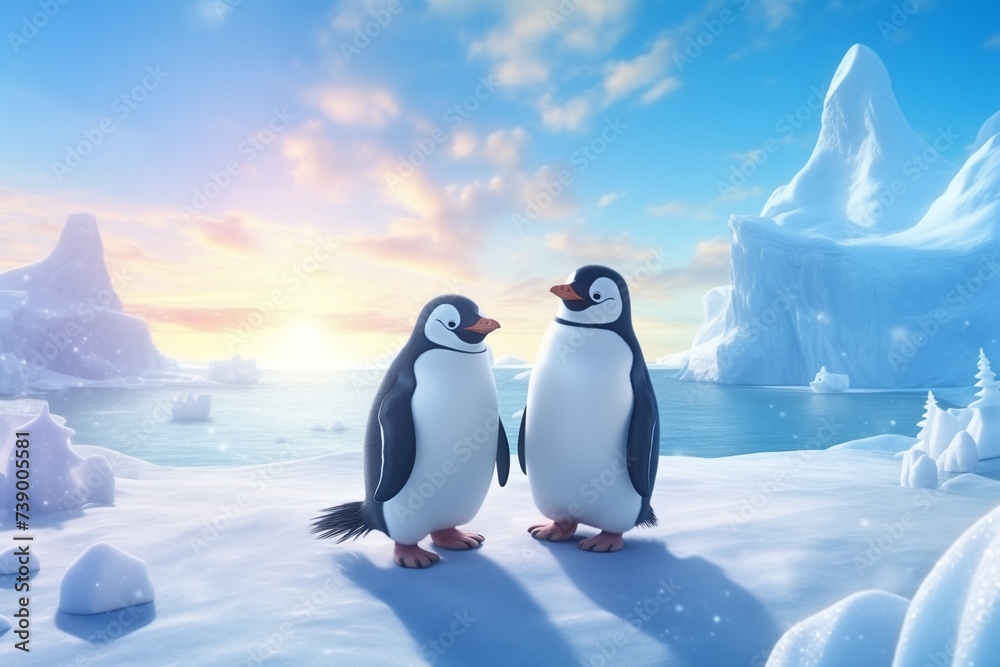 Penguins frolic on icy terrain amidst a wintry Antarctic landscape