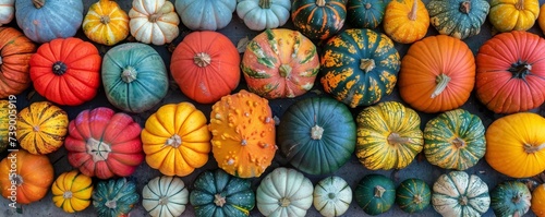 Wide view of assorted squashes autumn harvest spectrum