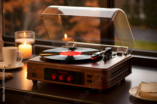 Turntable with a vinyl record on the table in the room