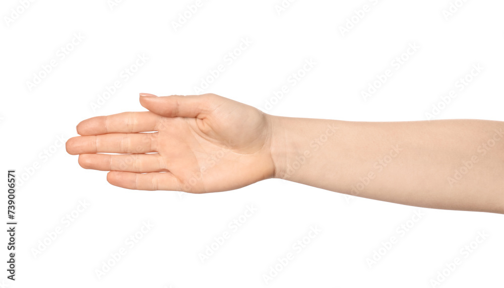 Woman showing hand on white background, closeup