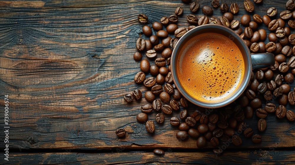 Cup of coffee latte or cappuccino and coffee beans on old wooden background Cup of coffee latte or cappuccino and coffee beans on old wooden background