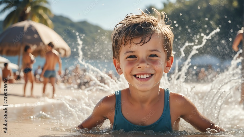 Obraz premium Cute smiling young caucasian boy on water splash on summer beach vacation with sunlight rays from Generative AI