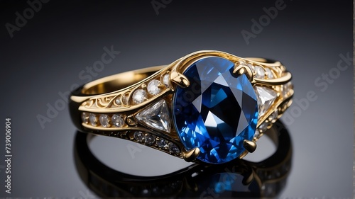 Close up of a shiny sapphire gemstone on a golden ring on plain black background from Generative AI