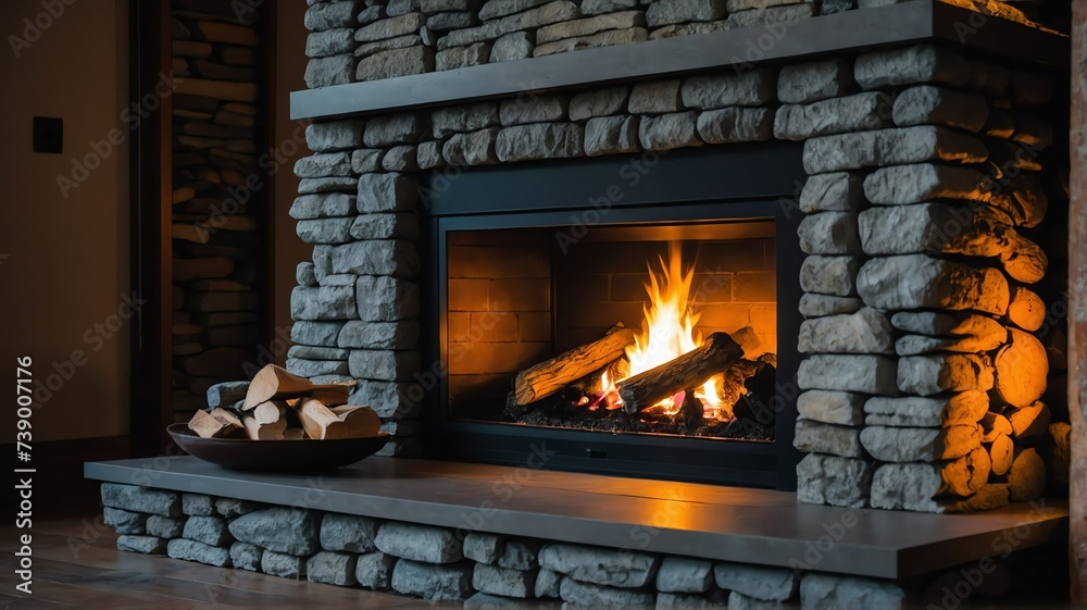 Stone wall fireplace with warm fire and logs from Generative AI Stone wall fireplace with warm fire and logs from Generative AI