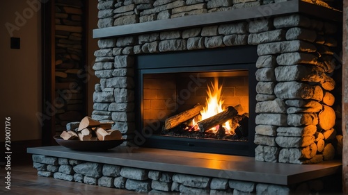 Stone wall fireplace with warm fire and logs from Generative AI