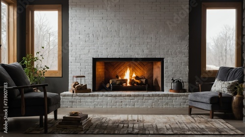 White brick fireplace with warm fire and logs from Generative AI photo