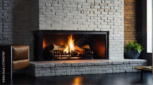 White brick fireplace with warm fire and logs from Generative AI