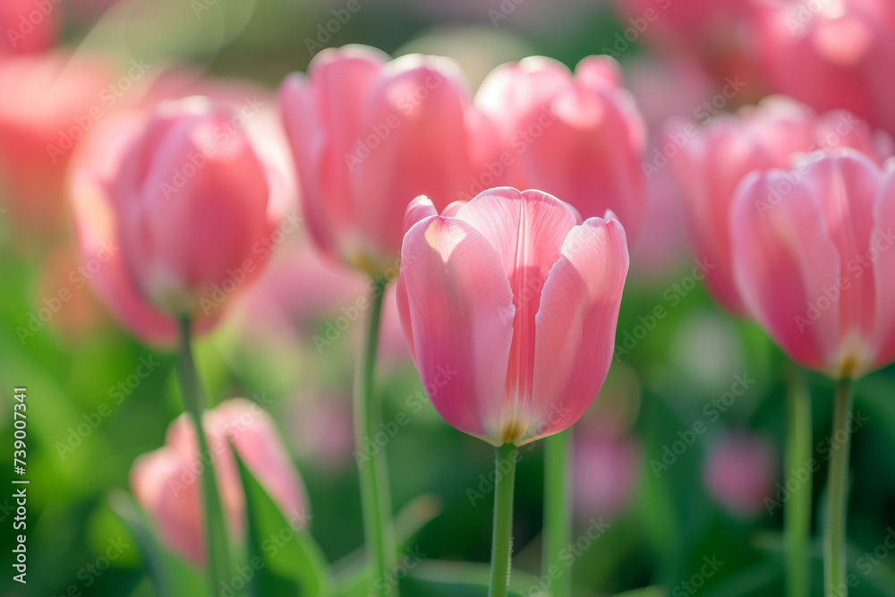Spring tulips of the same color. Background with selective focus and copy space Spring tulips of the same color. Background with selective focus and copy space