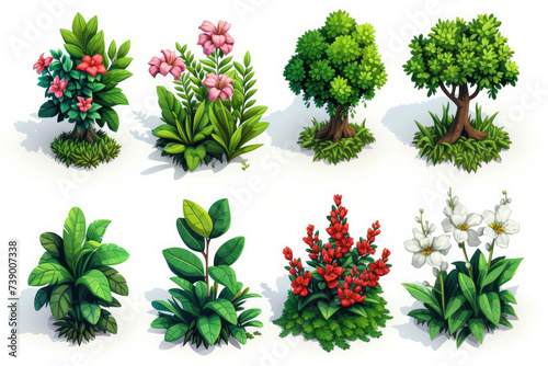 Isometric depictions of flowers, plants, and underbrush can contribute to the overall richness of the forest environment