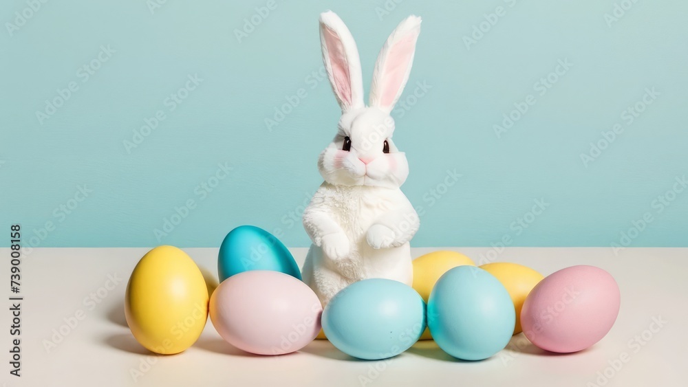 Minimalist Background with Easter Bunny Motif: Easter eggs and bunny silhouettes are visible on a simple background. There is free space for additional creativity.