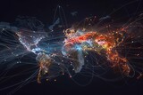 Interactive global network visualization with dynamic links and nodes representing worldwide connections.