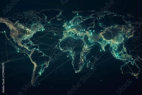 Interactive global network visualization with dynamic links and nodes representing worldwide connections.