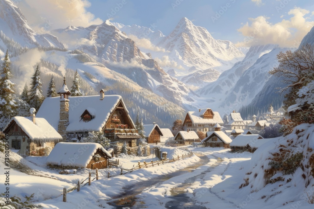 Snow village. Winter background . 