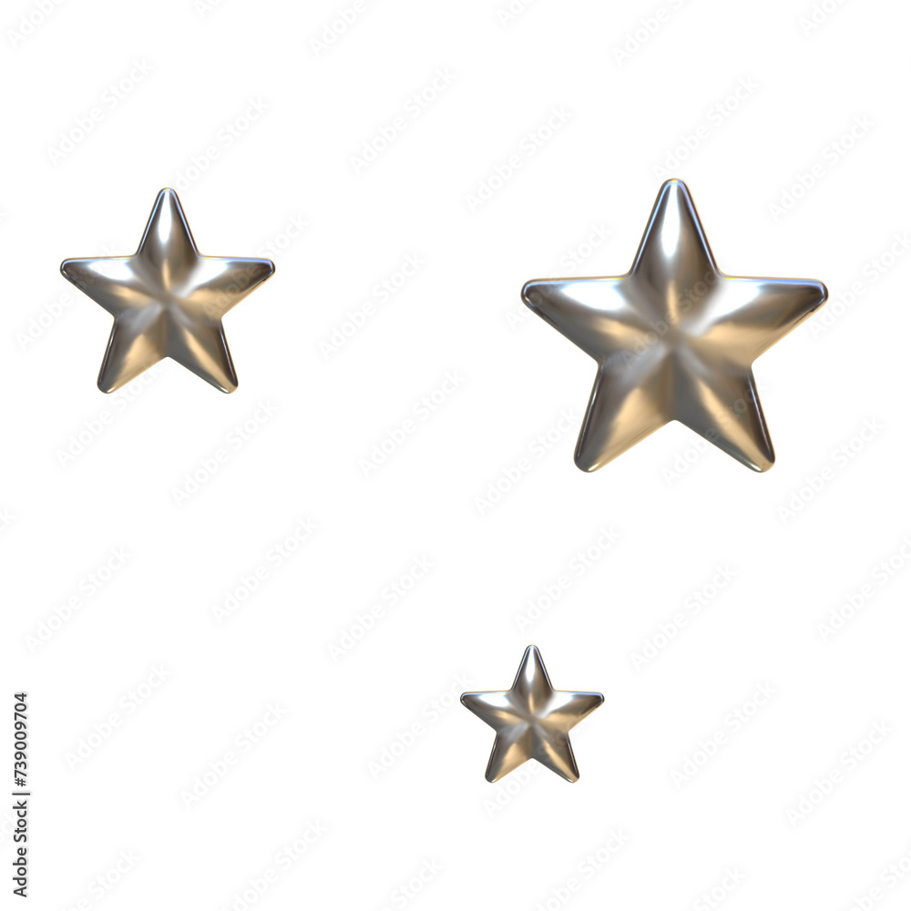 Obraz premium 3D Metallic shine star sparkle emoji. Cute shiny star shaped object. Magic element. Cartoon creative design icon isolated on white background. 3D Rendering