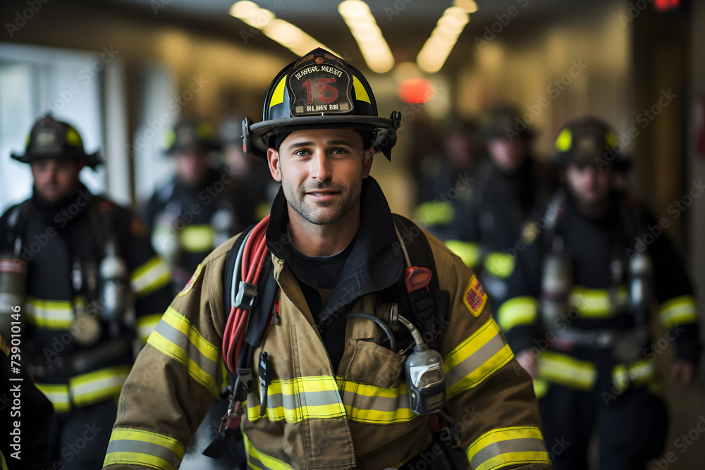Portrait of a firefighter standing in front of a group of firemen Portrait of a firefighter standing in front of a group of firemen