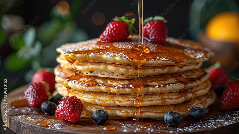 Close-up delicious pancakes, with fresh blueberries, strawberries and maple syrup Close-up delicious pancakes, with fresh blueberries, strawberries and maple syrup