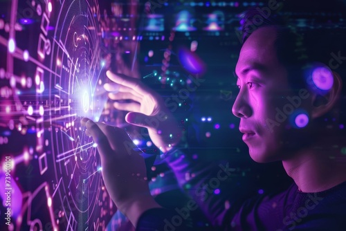  Man interacting with a futuristic interface on a purple background Highlighting advanced technology and personal device use.