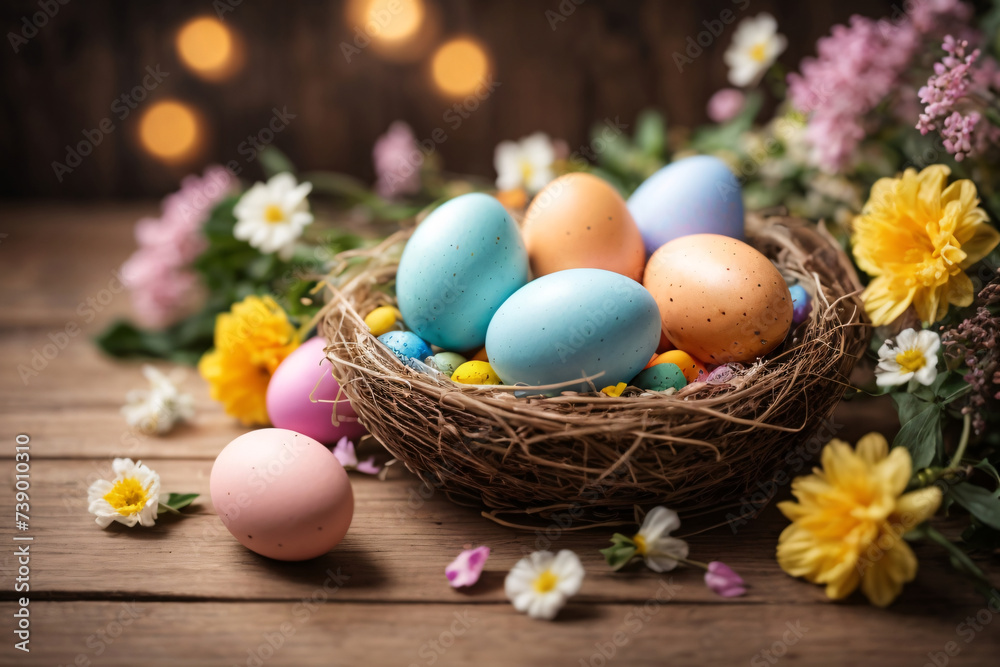 Easter Blooms. Festive Egg Nest Adorned with Springtime Delights Easter Blooms. Festive Egg Nest Adorned with Springtime Delights