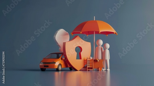 Insurance concept. Shield protect and family model with umbrella, Security protection and health insurance. The concept of family home, protection, health care day, car insurance.