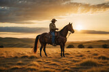 Western Elegance. Cowboy and Horse Silhouetted Against the Sunset