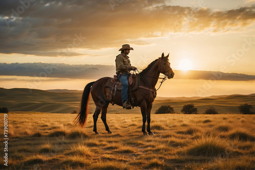Western Elegance. Cowboy and Horse Silhouetted Against the Sunset
