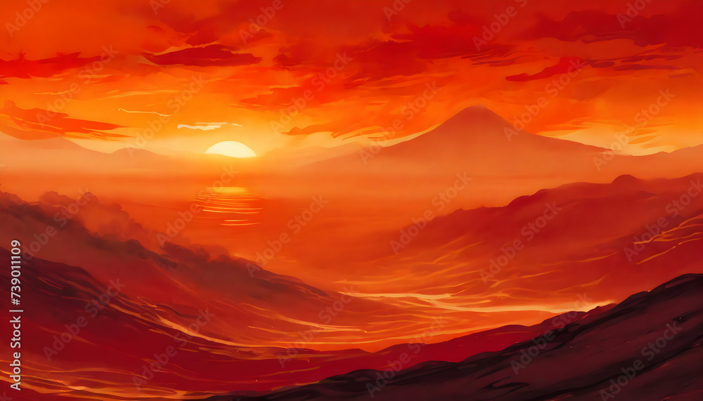 abstract illustration Sunset panorama color orange and mountain range on digital art concept.