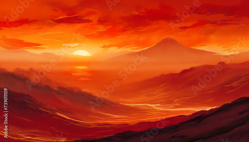abstract illustration Sunset panorama color orange and mountain range on digital art concept.