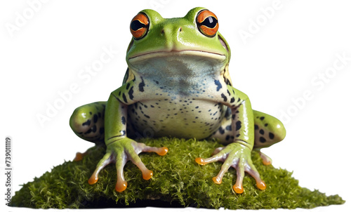 Isolated Transparent Background Image of a Green Frog Sitting on the Grass  Front View.