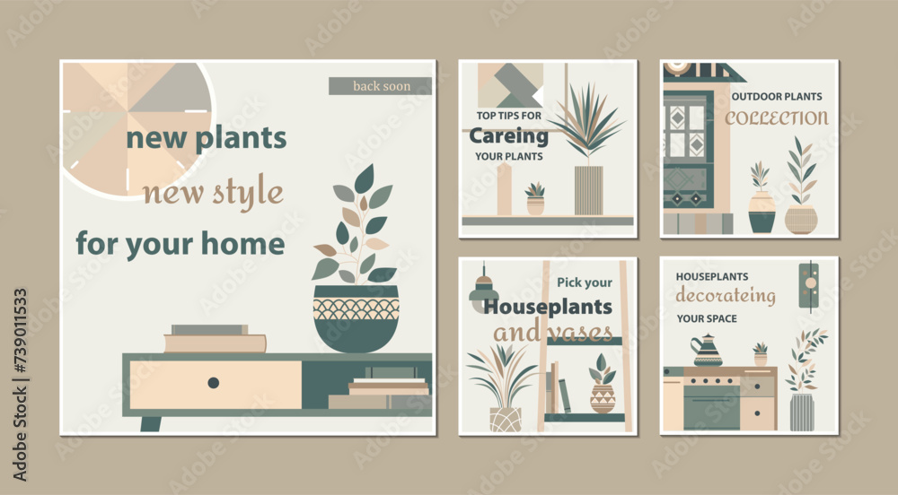 Scandinavian style home decor with plants and flower pots for social media templates.