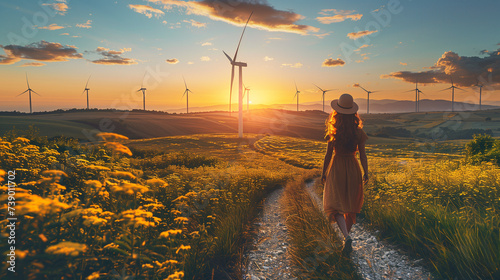 a beautiful woman wearing a sunhat is  walking in the meadow with on the banground windmill turbines in the Netherlands at sunset photo