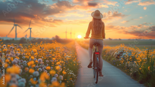 a woman wearing a sunhat is riding a bicycle with on the banground windmill turbines in the Netherlands at sunset, woman in a meadow with flowers and windmills in teh Netherlands on a bike photo