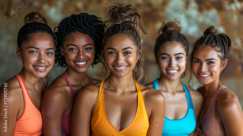 Smiling group of women standing together in sportswear against brown background. Diverse group women looking at camera 
