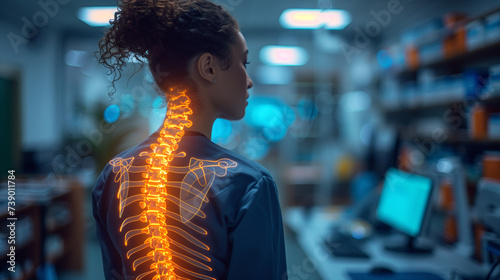 highlighted spine of a full body of a woman with neck and back pain in the office, medical concept, office syndrome