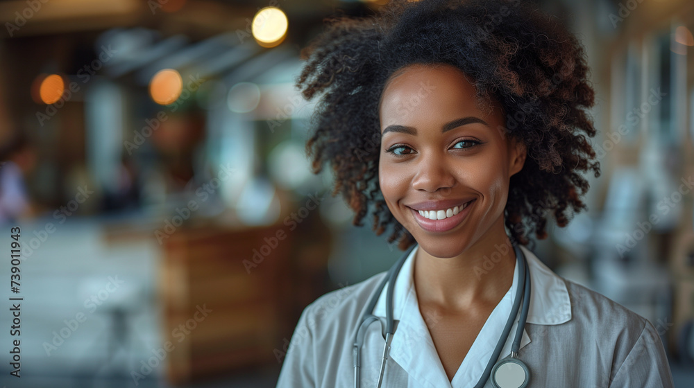 Happy Black Woman Doctor smiling in the clinic office and looking into the camera, female docter Happy Black Woman Doctor smiling in the clinic office and looking into the camera, female docter