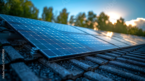 Newly build houses with solar panels attached on the roof against a sunny sky Close up of new vil building with black solar panels. Zonnepanelen, Zonne energie, Translation: Solar panel, , Sun Energy