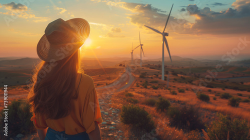 a beautiful woman wearing a sunhat is standing in the meadow with on the banground windmill turbines in the Netherlands at sunset