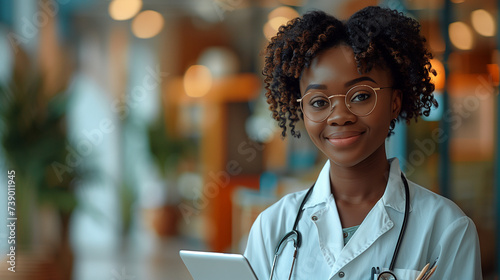 Happy Black Woman Doctor smiling in the clinic office and looking into camera, woman with glasses photo
