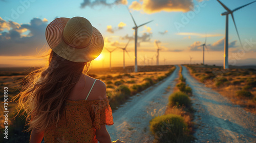  a beautiful woman wearing a sunhat is standing in the meadow at sunset with on the banground windmill turbines in the Netherlands at sunset