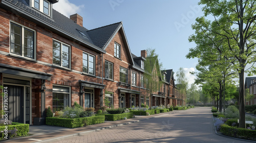 Dutch Suburban area with modern family houses, newly built modern family homes in the Netherlands at summer