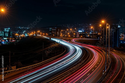 Nighttime cityscape captured in a long exposure photograph Showcasing the vibrant trails of vehicle lights on urban roads.