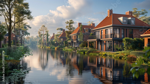 Dutch Suburban area with modern family houses, newly built modern family homes in the Netherlands alongside the canal