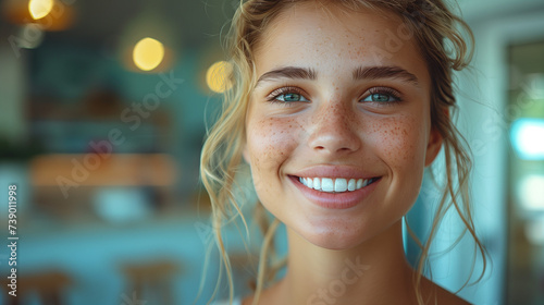 a young woman checks her smile after teeth cleaning, braces, and dental consultation. Healthcare, dentistry, and a happy female patient for oral hygiene, wellness, and cleaning 