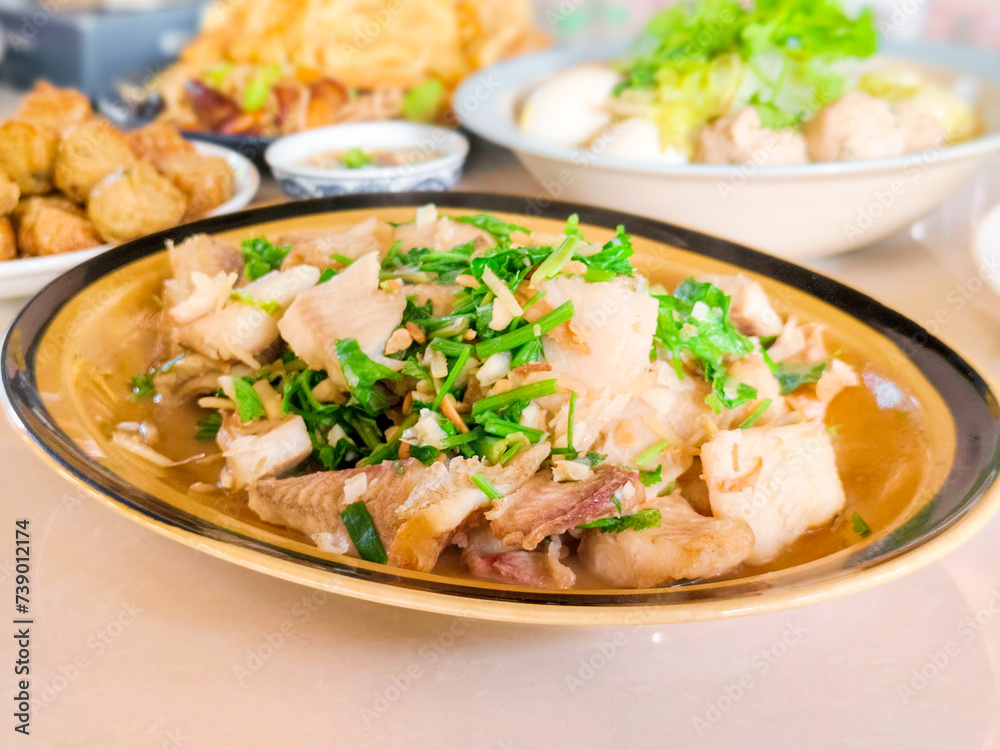 Fish with celery and ginger stir fried on yellow dish. Food concept. Fish with celery and ginger stir fried on yellow dish. Food concept.