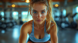 Sports woman doing bicycle crunch workout at the gym. Female in the gym doing abs workout exercise at a fitness club in the evening