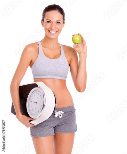 Fitness  apple and portrait of woman with scale in studio for weight loss  health and wellness diet. Vitamins  nutrition and female person eating organic fruit and measure by white background.