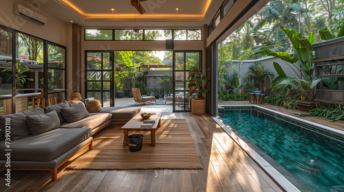  A living room with bright fresh colors in Bali style, a minimal style home in Asia with big windows, modern villa with big pool photo