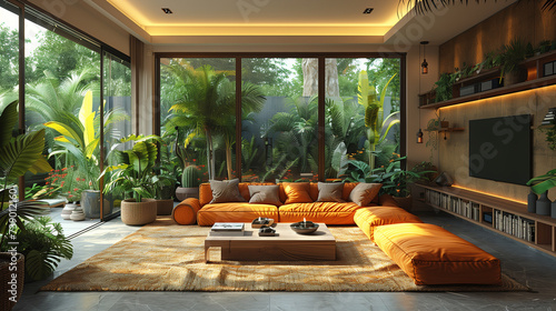 A living room with bright fresh colors in Bali style, minimal style home in Asia, living room with green plants and big windows